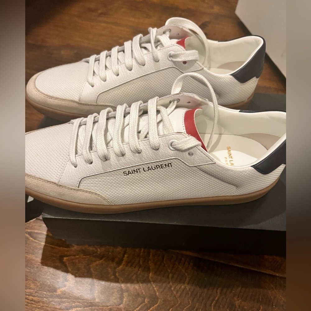 Yves Saint Laurent White Leather Athletic Sneakers with Red and Black Accents